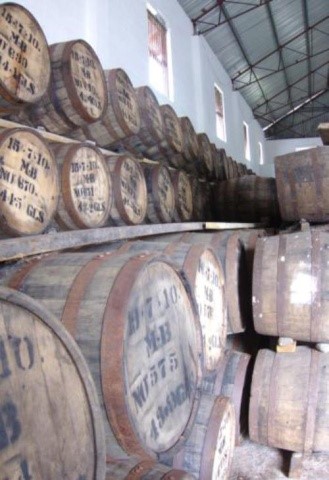 Rows of wooden barrels aging rum inside the St Vincent Distillers warehouse with warm lighting